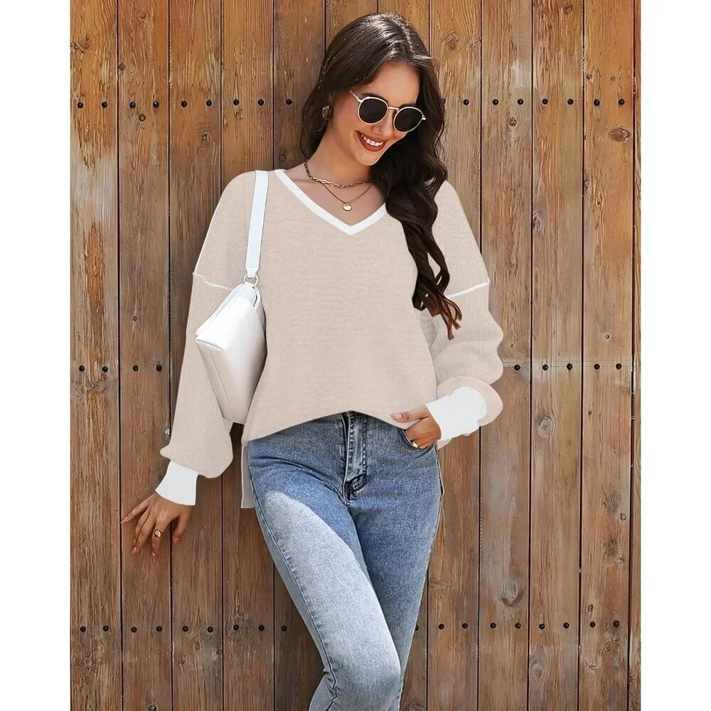 Women's V Neck Oversized Sweater Long Sleeve Fall Knit Pullover Casual